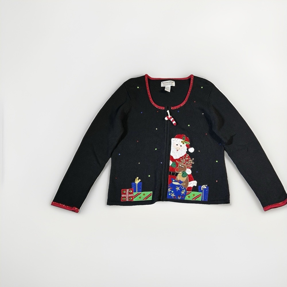 Vtg Tiara International Christmas Cardigan SzL Zip Sweater Santa Rudolph Festive